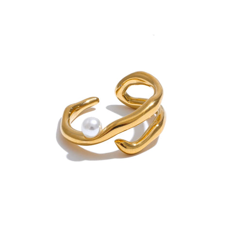 Yhpup Stylish Unique Stainless Steel Pearls Geometric Open Chic Ring for Women