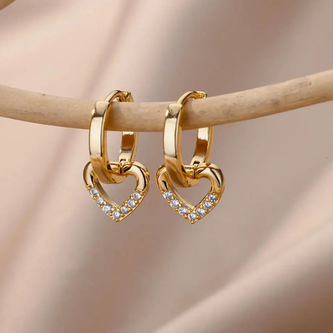 Fashion Zircon Circle Drop Earrings for Women - Gold Stainless Steel Dangle Jewelry Gift