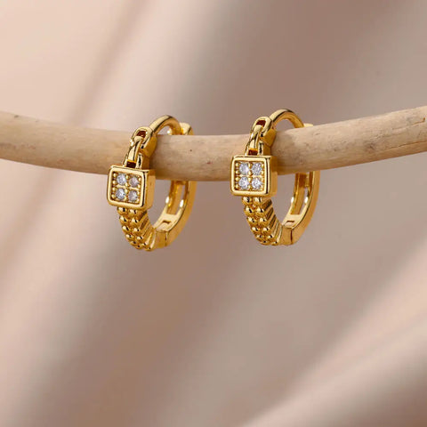 Fashion Zircon Circle Drop Earrings for Women - Gold Stainless Steel Dangle Jewelry Gift