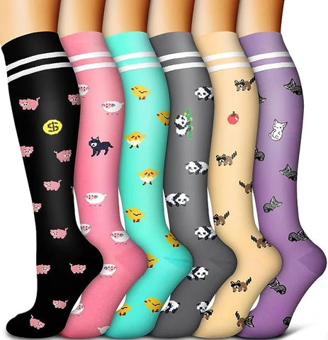 6 Pairs of Floral Pattern Compression Stockings for Men & Women - Ideal for Edema and Varicose Veins