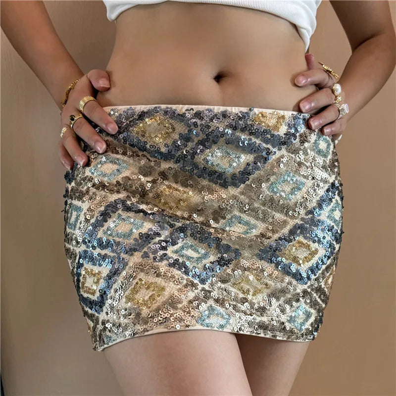 Hirigin Women Y2K Sparkly Sequin Mini Skirt – Glitter Festival Party Clubwear