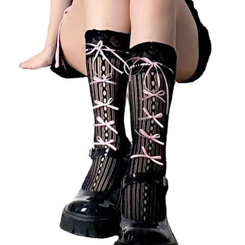 Women’s Lolita Fishnet Thigh High Socks - Japanese Style Heart Striped Lace Patterned Over Knee Long Stockings