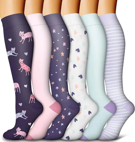 6 Pairs of Floral Pattern Compression Stockings for Men & Women - Ideal for Edema and Varicose Veins