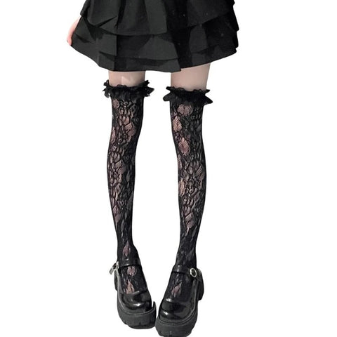 Women’s Lolita Fishnet Thigh High Socks - Japanese Style Heart Striped Lace Patterned Over Knee Long Stockings