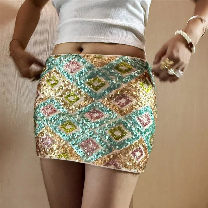 Hirigin Women Y2K Sparkly Sequin Mini Skirt – Glitter Festival Party Clubwear
