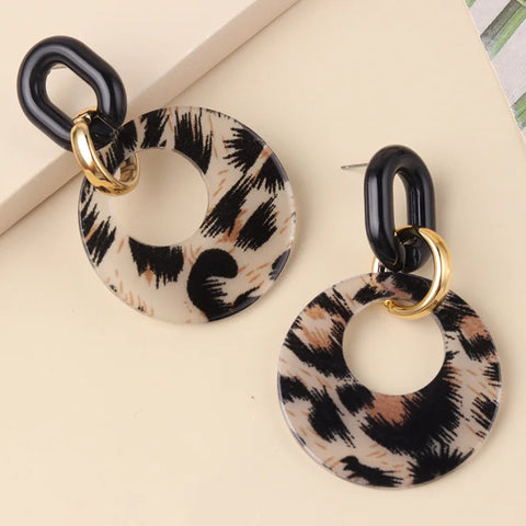 Vintage Black Leopard Print Circle Drop Earrings for Women - Trendy Acrylic Round Geometric Dangle Jewelry 2025