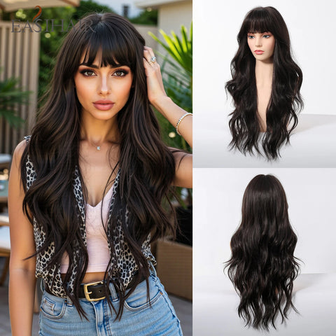 EASIHAIR Long Wavy Brown Synthetic Wig for Women with Side Bangs - Natural Look, Heat Resistant for Daily Wear