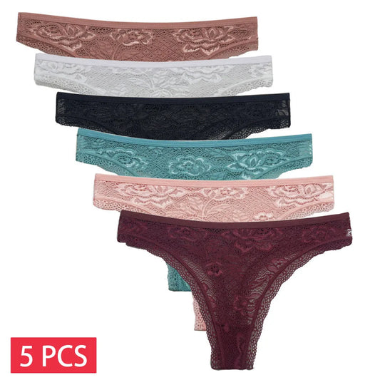 5PCS Set of Women's Sexy Lace Transparent Thongs – M-XL G-String Underwear