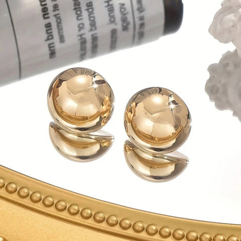 DGIDDK Stainless Steel Round Geometric Glossy Stud Earrings - 18K Gold Plated Simple Jewelry for Women