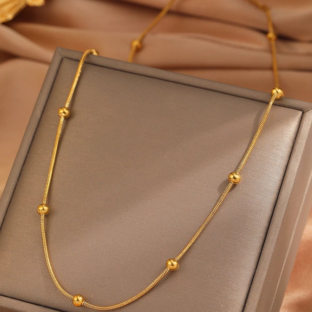 Vintage Fashion Stainless Steel Necklace with Small Round Beads and Bamboo Chain for Women
