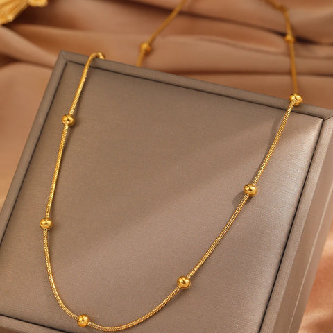 Vintage Fashion Stainless Steel Necklace with Small Round Beads and Bamboo Chain for Women