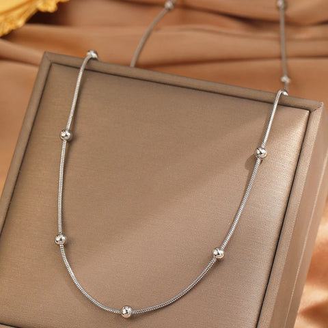 Vintage Fashion Stainless Steel Necklace with Small Round Beads and Bamboo Chain for Women