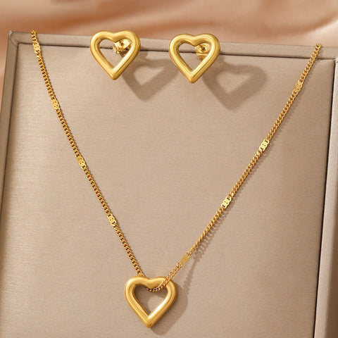 Stainless Steel Jewelry Set Necklace Earrings with Romantic Love Pendant for Women - Creative Gifts