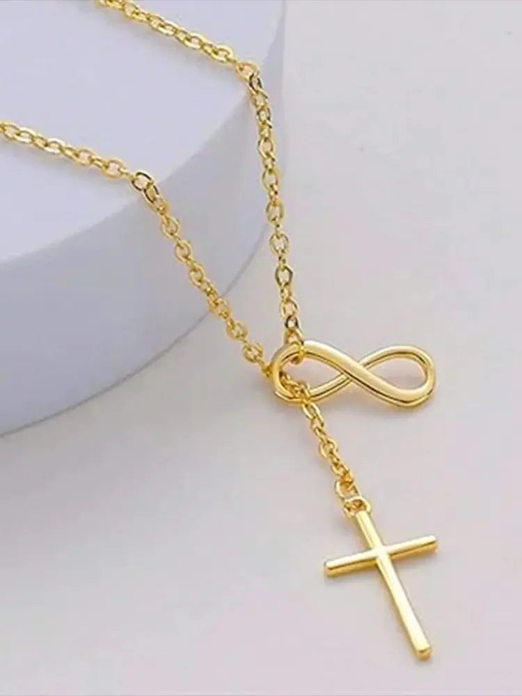 DGIDDK Stainless Steel Infinite Lucky 8 Cross Pendant Y Necklace - Women's Anti-Allergy Faith Forever Jewelry