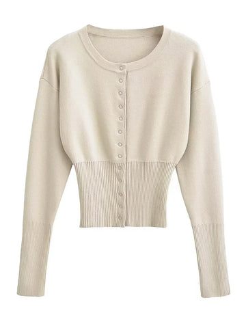 Tossy Autumn Fashion Knitwear Cardigan Top for Women - Ribbed Patchwork Slim Casual Cropped Inner Top