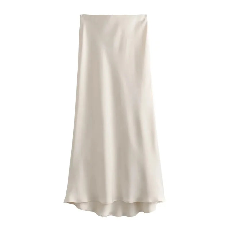 MUJER 2025 Satin Midi Skirt for Women - High Waist Elegant Black Skirt for Office and Summer