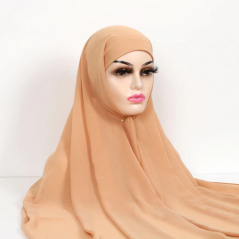 Women Muslim Chiffon Hijab with Cap Bonnet - Instant Scarf Headwrap