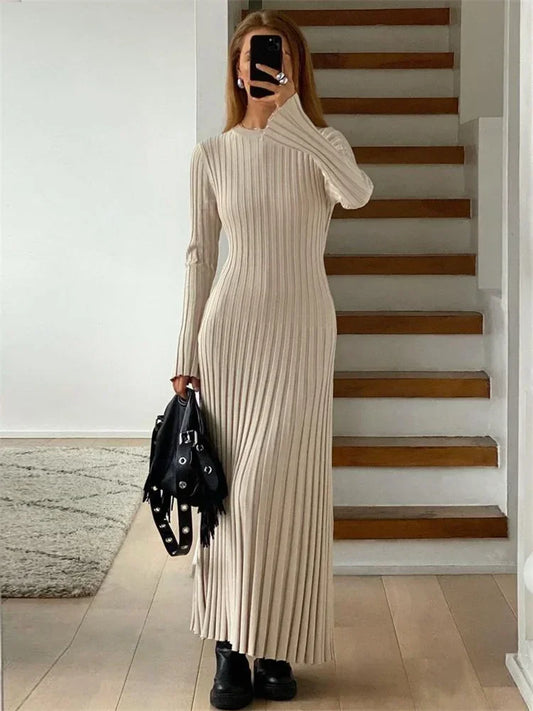 Tossy Lace-Up Female Knit Maxi Dress - Autumn High Waist Fashion
