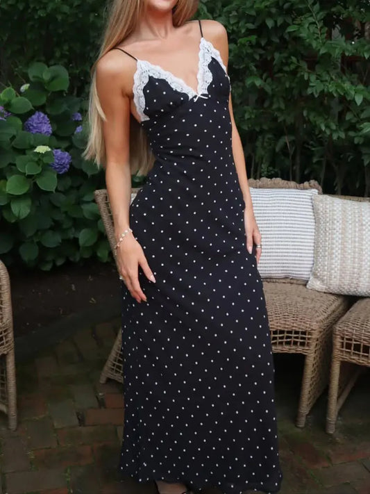 Tossy Spitze V-Neck Patchwork Maxi Dress for Women - Backless High Waist Slim Fit Spaghetti Contrast Party Dress