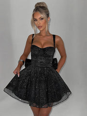 Fantoye Glitter Bright Silk Sparkling Bow Women Dress - Elegant Apricot Mini Dress for Spring Parties
