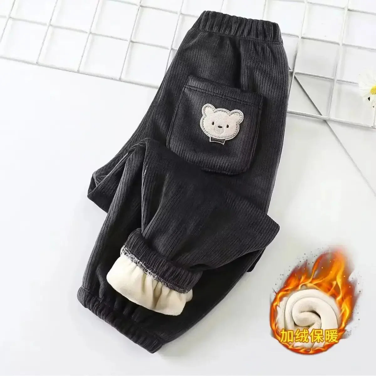 Kids Warm Pants with Cute Bear Print
