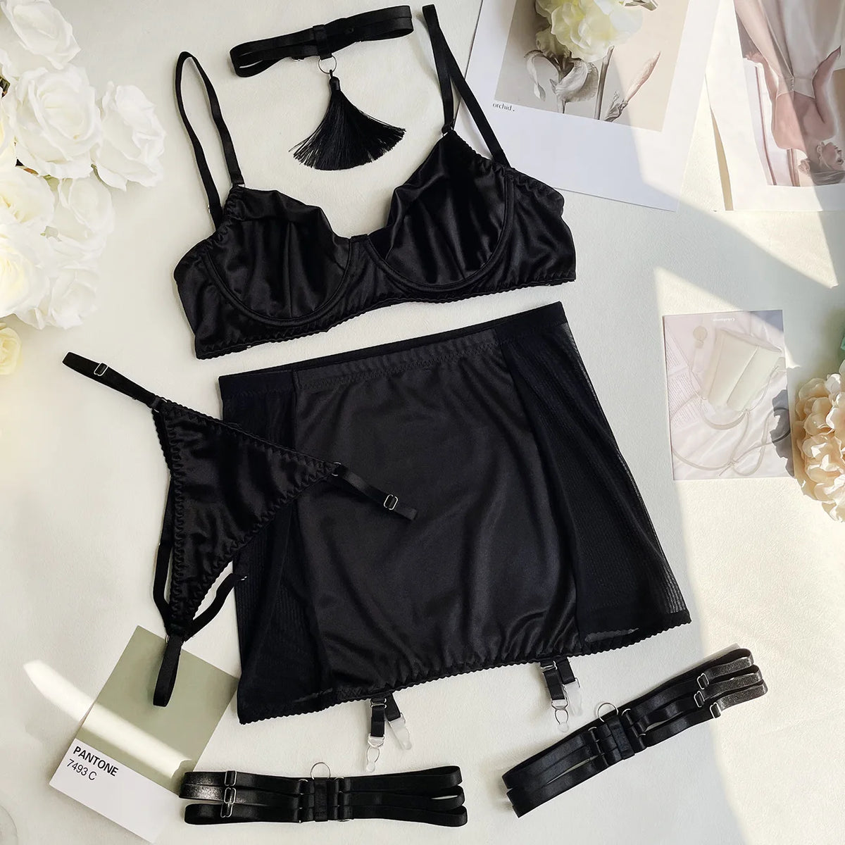 Fine Satin Lingerie Set - 5-Piece Sexy Underwear with Lace and Uncensored Skirt