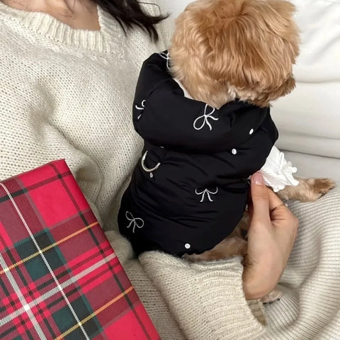 Fashion Bow-Embroidered Dog Coat - Stylish Hooded Down Jacket for Winter Warmth