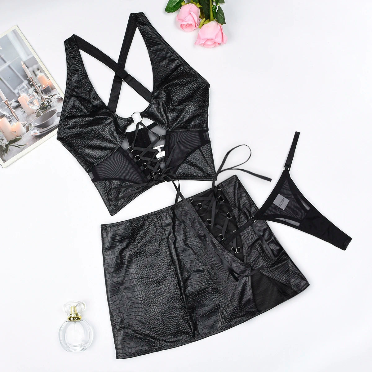 Sexy Short Mini Skirts Sets for Women - 2 Piece Leather Outfit with Lace-Up Cross Bra