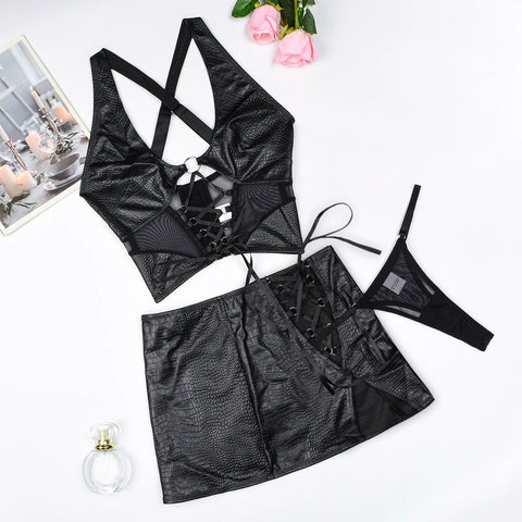 Sexy Short Mini Skirts Sets for Women - 2 Piece Leather Outfit with Lace-Up Cross Bra
