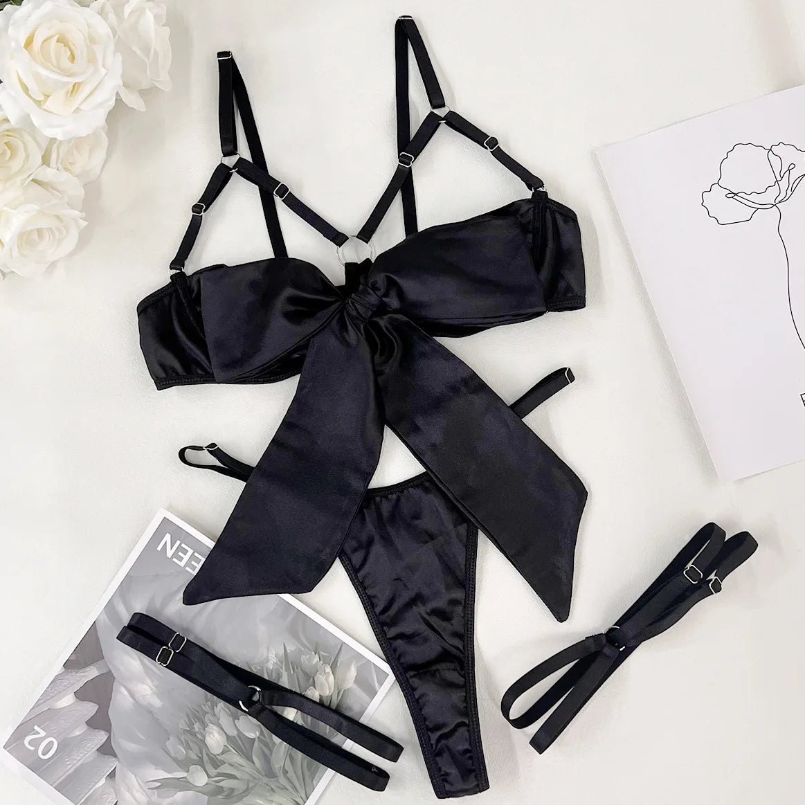 Bowknot Lingerie Open Bra Lace Up 3-Piece Satin Erotic Outfit