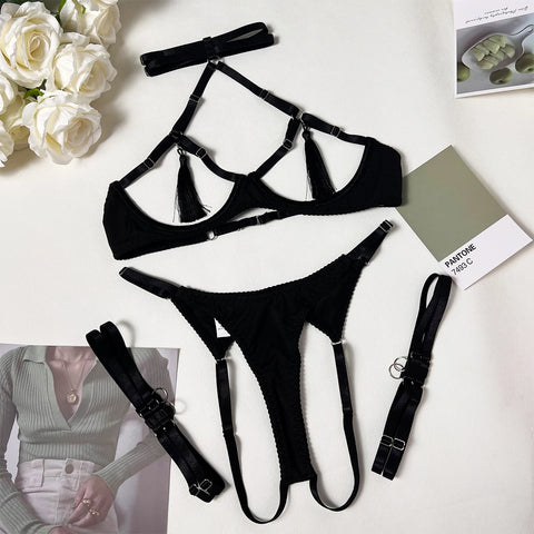 Sensual Tassel Fetish Lingerie Set - Open Bra & Crotchless Panties