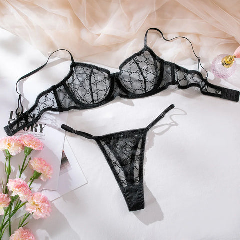Seamless Lace Embroidery Underwear Set for Women - Romantic See-Through Lingerie
