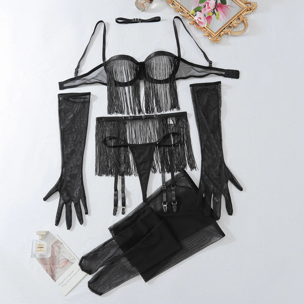 Tassel Porn Erotic Lingerie 8-Piece Transparent Ultra Sexy Adult Costume with Garter Outfit