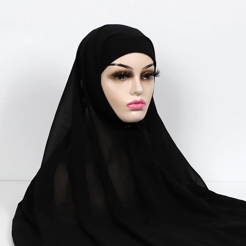 Women Muslim Chiffon Hijab with Cap Bonnet - Instant Scarf Headwrap