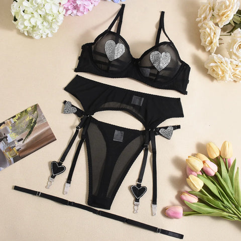 Neon Fancy Daring Lingerie Set with Heart Rhinestones - 3-Piece Mesh Erotic Underwear for Women