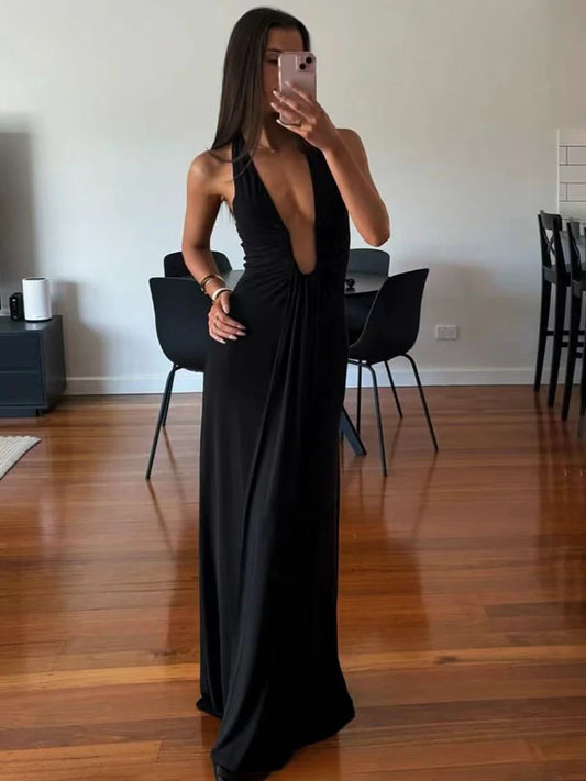 TARUXY Deep V Neck Halter Long Dress - Elegant Ruched Ribbon Summer Vacation Dress for Women