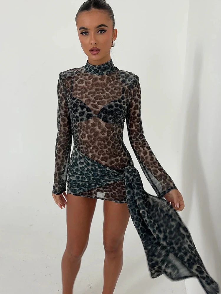 Fantoye Turtleneck Sexy Sheer Print Leopard Bandage Dress - Elegant Mini Dress for Women