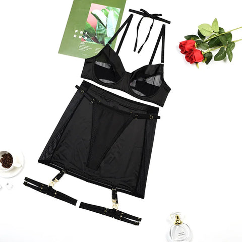 Bow Tie Mesh Patchwork 5-Piece Lingerie Set for Women - Sexy Bra + Panty Underwear with Garter
