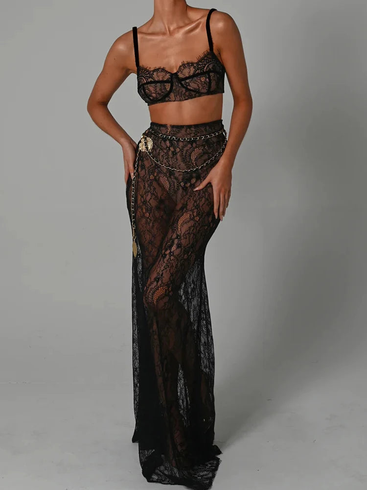 Fantoye Sexy Lace Chain Skirt Suit with Floral Print - White Spaghetti Strap Crop Top and Skirt Set