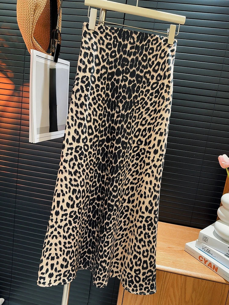 OCEANLOVE Vintage Leopard Satin A-line Skirt - Elegant High Waist Mermaid Style for Spring/Summer