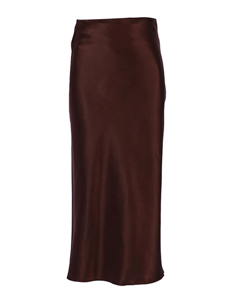 Solid Purple Satin Silk Skirt for Women - High Waisted Elegant Midi Skirt for Office and Spring 2024
