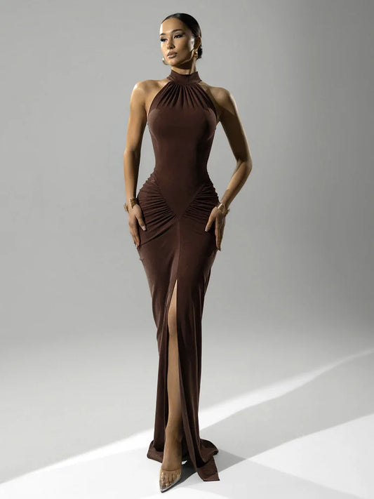 Mozision Halter Ruched Sleeveless Sexy Maxi Dress for Women - Fashion Slim High Waist Evening Club Party Split Long Dress