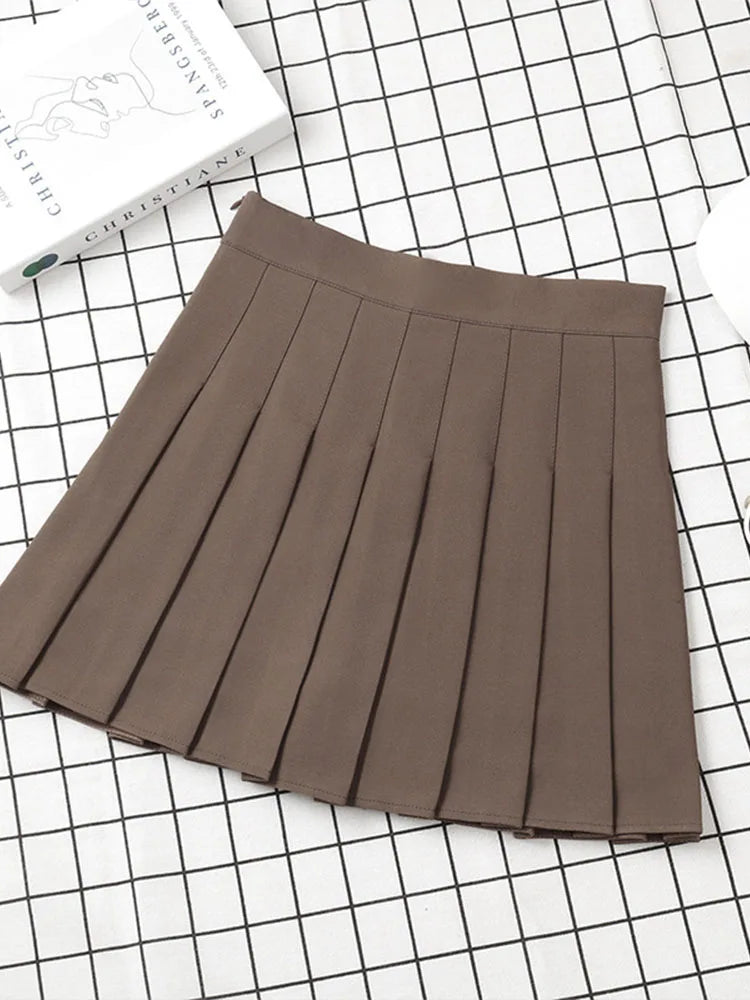 Brown Pleated Mini Skirt for Women - High Waist Harajuku Style Summer 2025 School Uniform