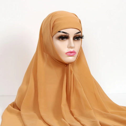 Women Muslim Chiffon Hijab with Cap Bonnet - Instant Scarf Headwrap