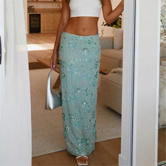 Hirigin Women Sequin Beaded Maxi Skirt - Sparkly High Waist Bodycon Evening Wear