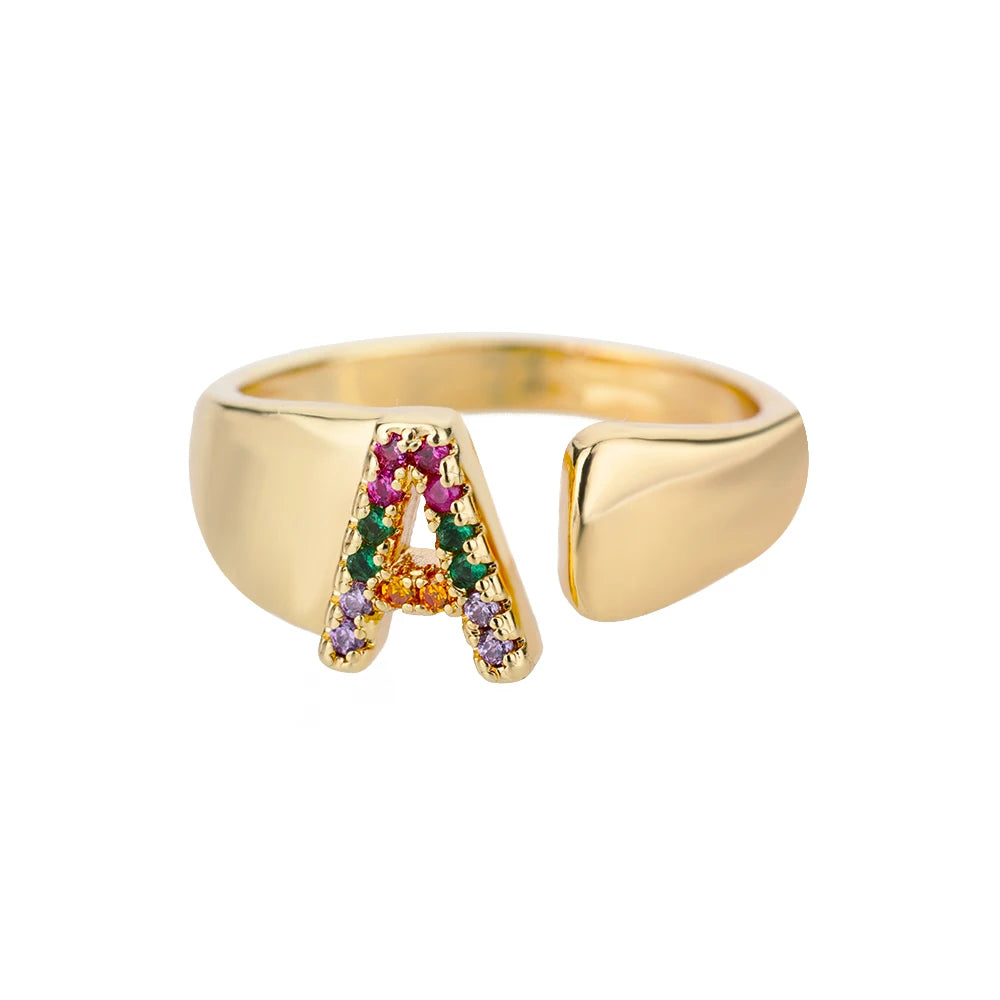Rainbow Zircon Letter Rings - Stylish A-Z Chunky Wide Stainless Steel Jewelry for Women