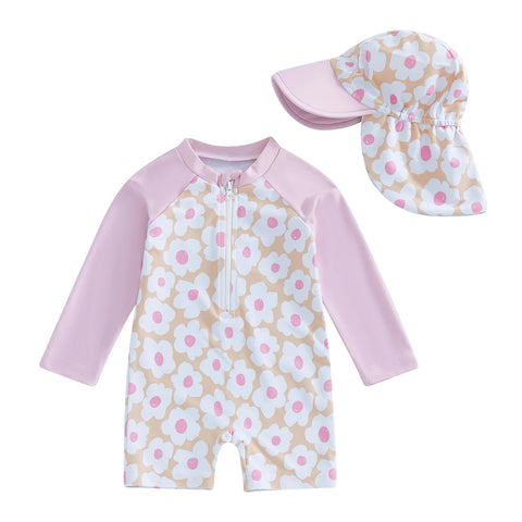 Tregren Toddler Girl Long Sleeve Swimsuit with Sun Hat