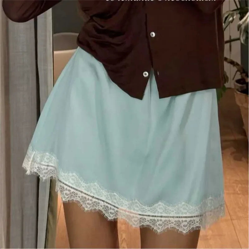 Hirigin Summer French Women Satin Pajama Skirts with Lace Trim