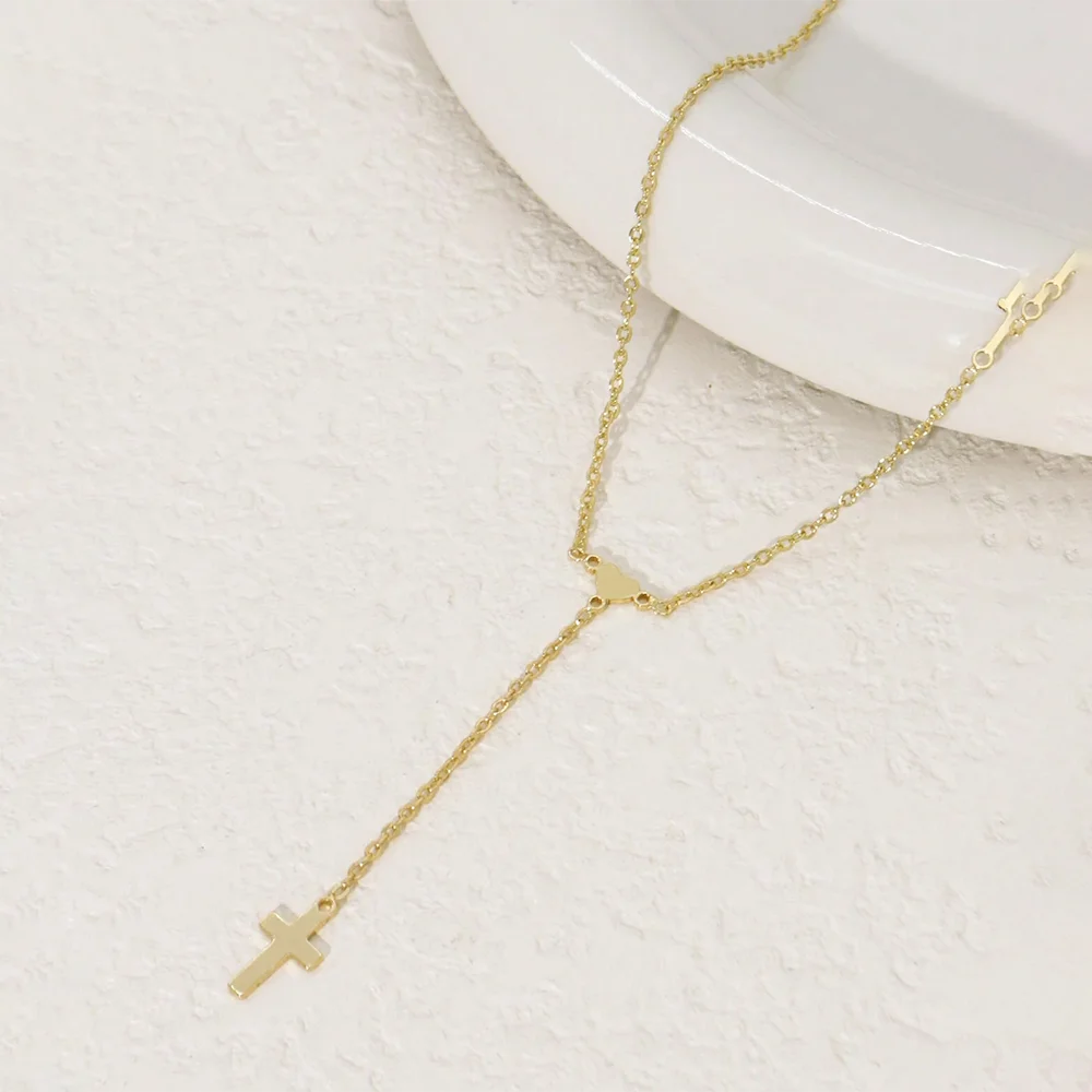 DGIDDK Simple Mini Heart Cross Pendant Necklace - Y Shape Stainless Steel Chain for Women