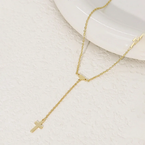 DGIDDK Simple Mini Heart Cross Pendant Necklace - Y Shape Stainless Steel Chain for Women